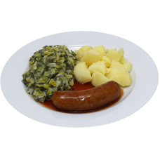 Rundersaucijs met vleesjus, prei met saus en gekookte aardappelen (zoutarm/natriumarm)